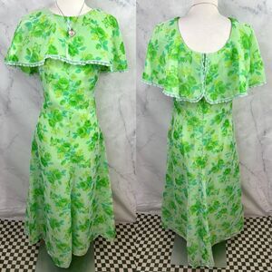 Vintage 70s Green Floral Dress M maxi festival prairie prom Garden Fairy 60s 💚
